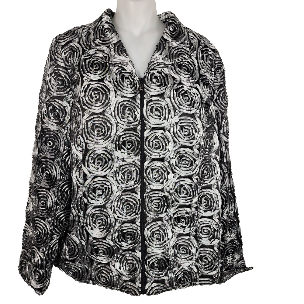 Laura Ashley Womens Full Zip Jacket Silver Black Rosette Ribbon Large Holiday